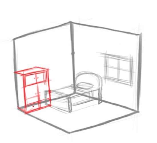 Как нарисовать комнату с мебелью карандашом поэтапно?