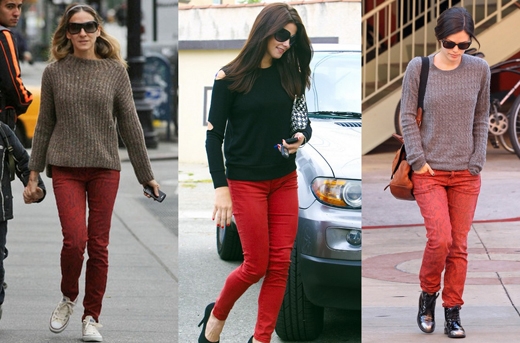 С чем носить красные брюки или джинсы? 