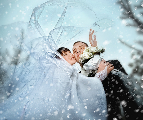 Фотосессия: свадьба зимой, невеста с фатой