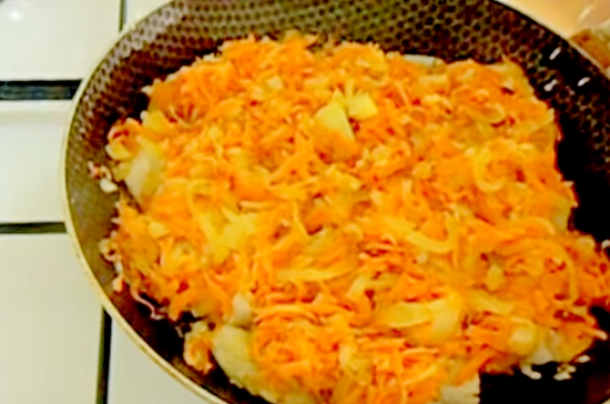 Поверх ломтиков выложите нашинкованный лук и натертую морковь