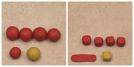 4 шарика красного цвета и 1 желтый с помощью пальцев превращаем в кубики