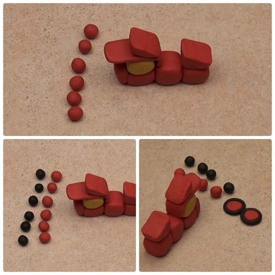 Скатываем из красного и черного пластилина по 6 небольших шариков