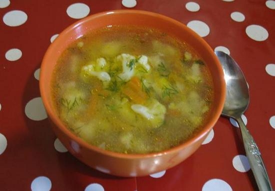 Рецепт овощного супа с консервированным зеленым горошком и цветной капустой