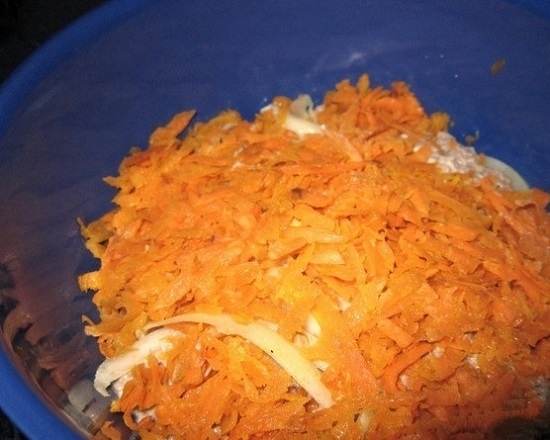 гречневая каша, лучок маринованный и половина пассерованной моркови