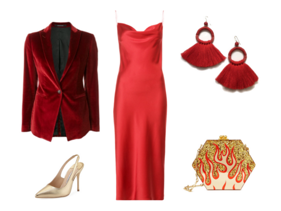 новогодний образ с красным платьем-комбинация